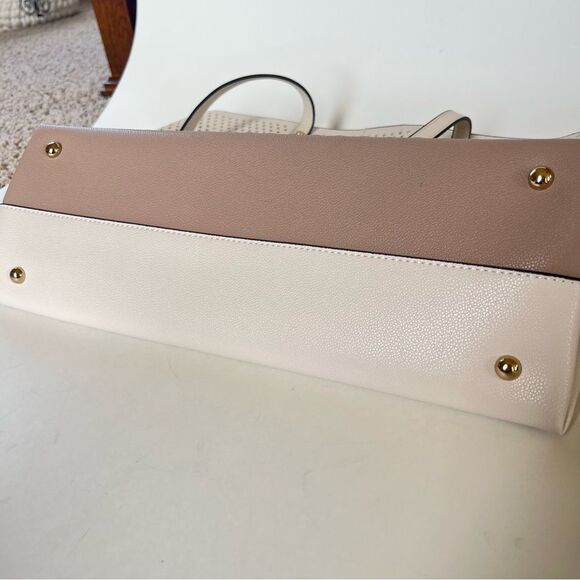 Mellow World Laser Cut Neutral Colorblock Cream Tan Large Tote Bag Purse Set - Picture 2 of 13